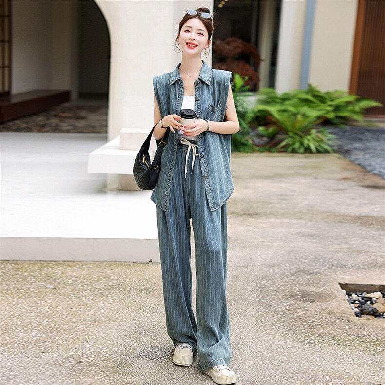 复古港风牛仔套装女夏季时尚无袖垫肩衬衫薄款天丝阔腿长裤两件套,女装套装/套裙,梦懿尔