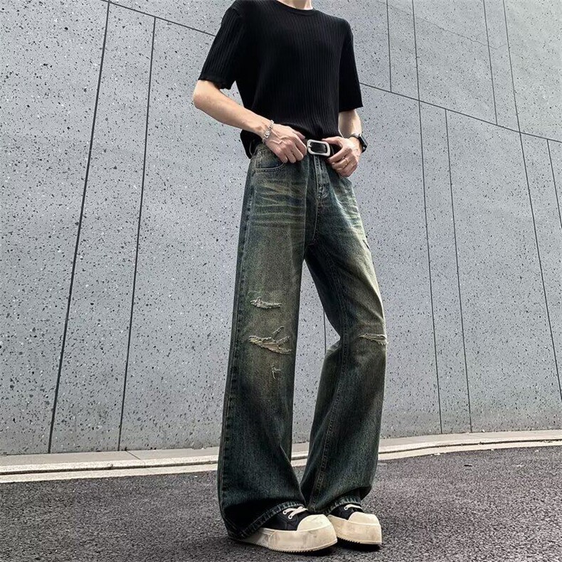 青少年潮牌破洞牛仔裤男美式高街设计感小众做旧水洗宽松直筒长裤,男装牛仔裤,星座813-2