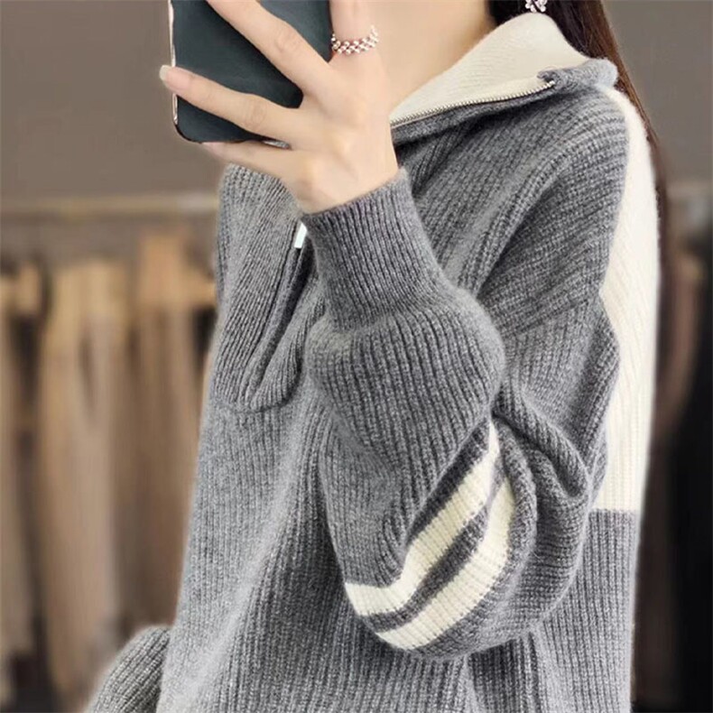 时尚百搭气质通勤女士半拉链针织打底衫显瘦修身长袖毛衣,针织衫/毛衣,萱芳婷羊绒