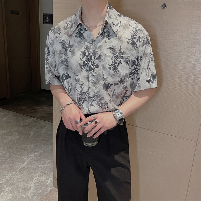 夏季新款免烫风短袖花衬衫男高级感痞帅宽松半袖衬衣潮0253-P53图片