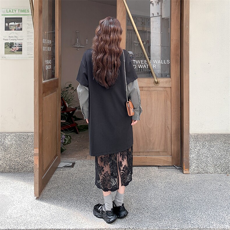 学院风穿搭黑色套装女秋超火好看高级假两件衬衫上衣半身裙两件套,女装套装/套裙,2C010