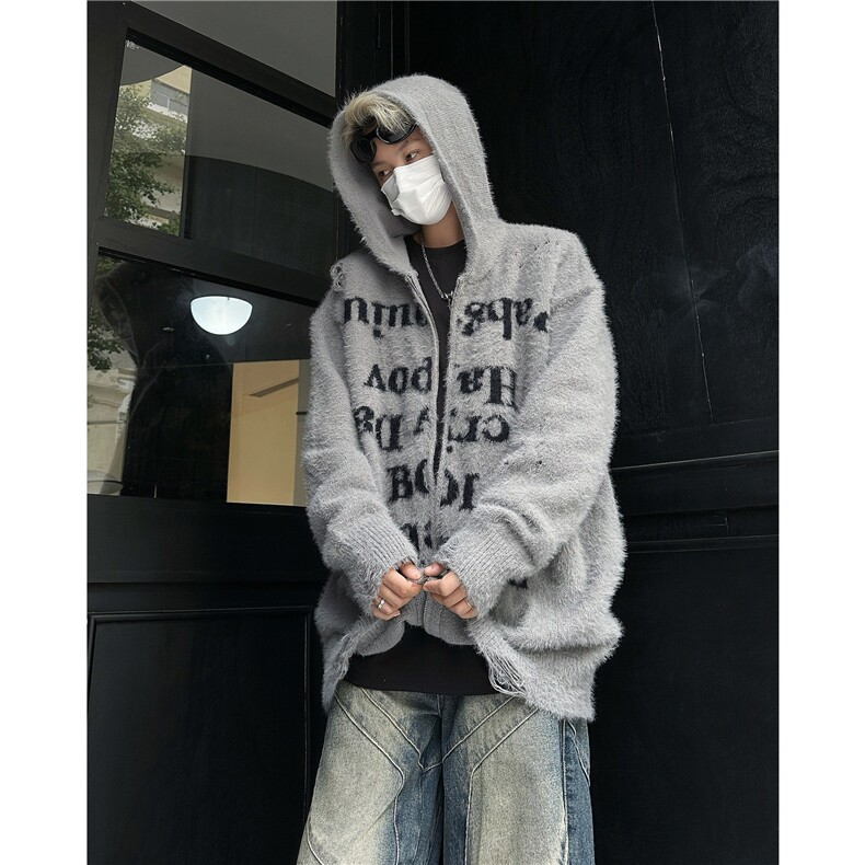 美式慵懒复古高街破洞连帽针织开衫男女毛衣宽松情侣拉链毛绒外套，男装针织衫/毛衣，星座1013