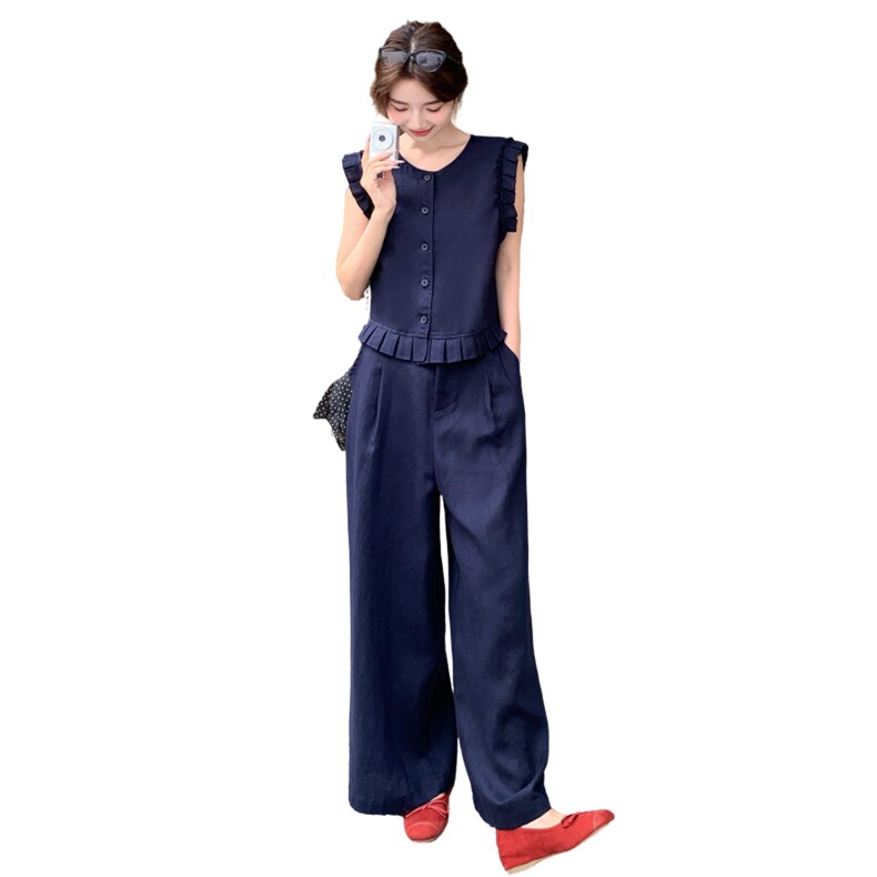 韩系木耳边无袖马甲套装女2025夏季新款气质显瘦百搭阔腿裤两件套,女装套装/套裙,浙宝208A