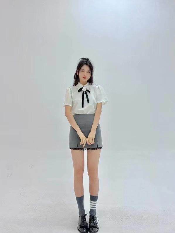 灰色蕾丝蝴蝶结半裙，女装半身裙，HE