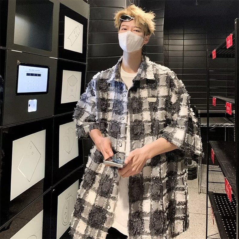 美式格子衬衫男夏季短袖日系cityboy休闲衬衣潮痞帅外套S1375-p42图片