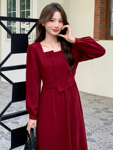 复古法式方领收腰连衣裙女2025秋季新款高级感中长款裙子图片