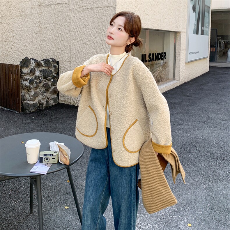 撞色圆领皮毛一体外套女2025冬季新款慵懒风宽松休闲百搭加厚上衣,女装毛呢外套,2C198