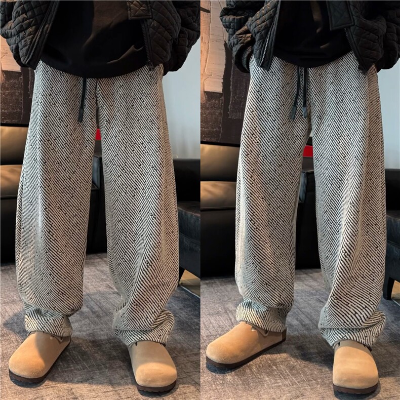 春秋慵懒风斜条纹常规阔腿休闲裤男潮牌宽松显瘦垂感拖地直筒长裤，男装休闲裤，星座506A