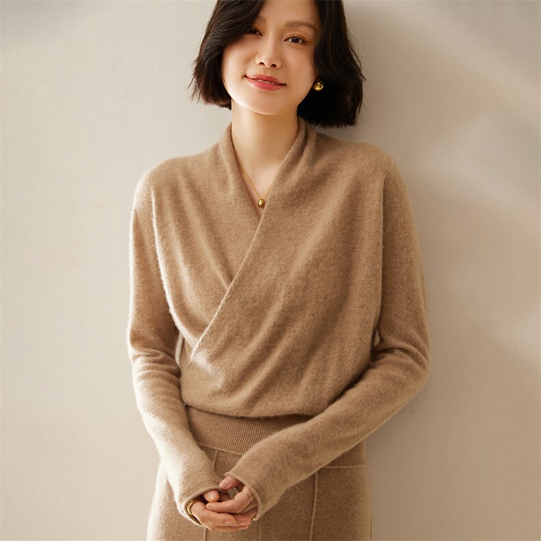 温柔交叉V领山羊绒衫气质秋冬时髦毛衣女打底针织打底羊毛衫粉色,女装羊绒衫,绒创羊绒