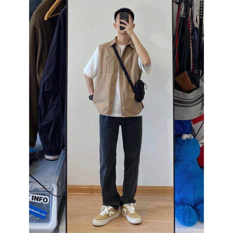 日系复古假两件工装短袖衬衫男女休闲宽松衬衣外套潮LB644-p36,男装T恤,星座1008