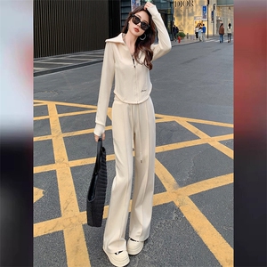 韩版休闲时尚运动套装女春季新拉链刺绣翻领卫衣阔腿裤两件套减龄图片