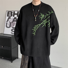 冬季暗黑潮圆领加厚毛衣套头风翠竹刺绣羊毛衫休闲针织衫，男装针织衫/毛衣，星座909-2（原星座717-2）