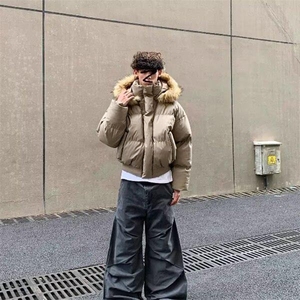 现货三防重磅硬挺boxy短款羽绒棉衣座山雕大毛毛领PU皮棉服外套冬图片