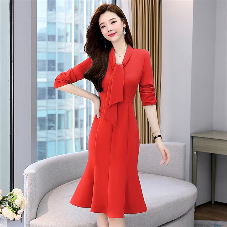 早春职业连衣裙女2024春秋新款时尚名媛气质女神范收腰包臀鱼尾裙,女装连衣裙,韩美纤衣