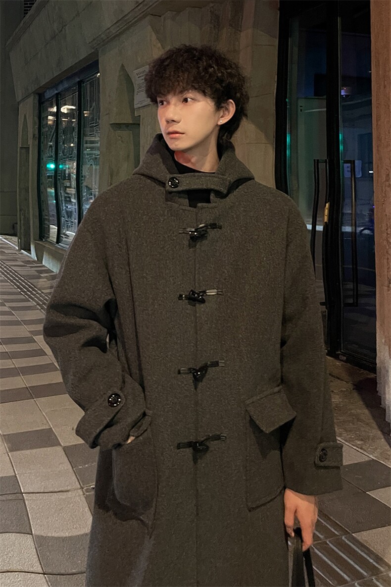 秋冬牛角扣连帽毛呢大衣男复古宽松风衣外套MN00706/P125加棉P135,男装风衣,电商B316