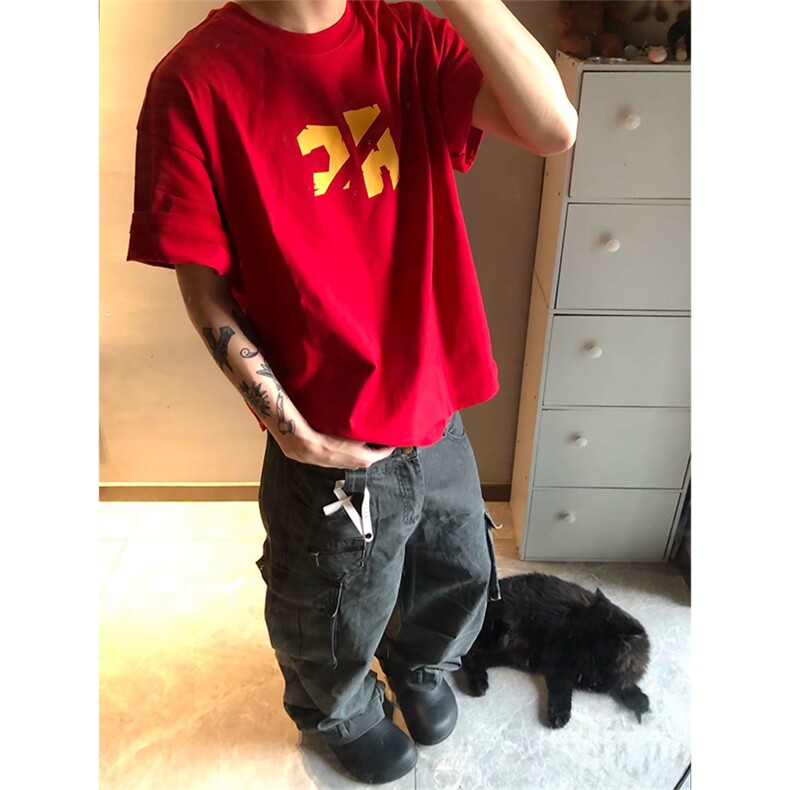 抖音得物210克现货宽松纯棉美式潮牌印花落肩袖纯棉T恤AT21142,男装T恤,电商A443