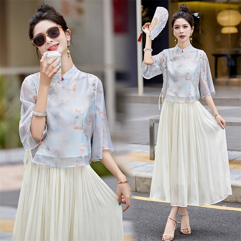 /新中式天丝套装女夏季新款国风汉服禅意茶服穿搭两件套,商品下架区,韩然一族
