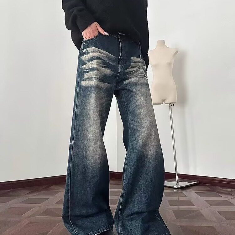 美式复古高腰微喇牛仔裤女秋冬新款高街设计感宽松显瘦阔腿拖地裤,男装牛仔裤,星座506A