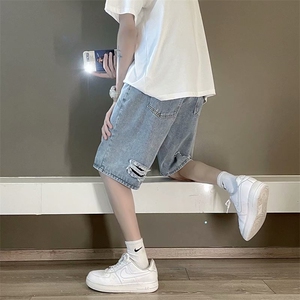 夏季牛仔短裤男港风潮牌帅气直筒五分裤ins破洞宽松中裤DN101-P35图片