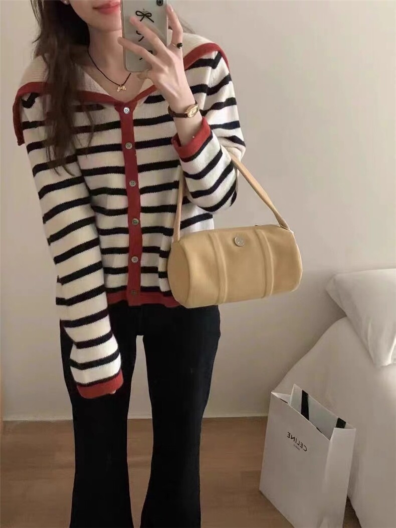 条纹毛衣女秋冬2024新款宽松慵懒风针织衫长袖上衣,女装羊毛衫,思途羊绒