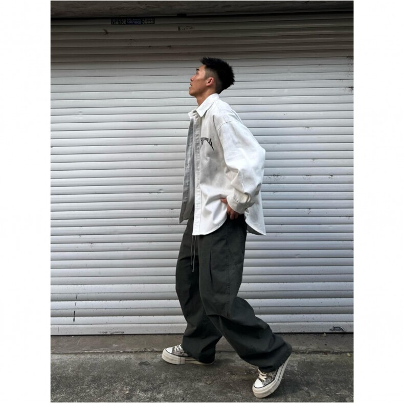 美式复古拼接褶皱伞兵工装裤男春夏季百搭宽松直筒休闲裤,男装牛仔裤,四季星座505