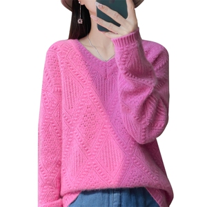 重磅加厚100纯羊毛V领毛衣女2025新款慵懒风绞花针织打底衫上衣冬图片
