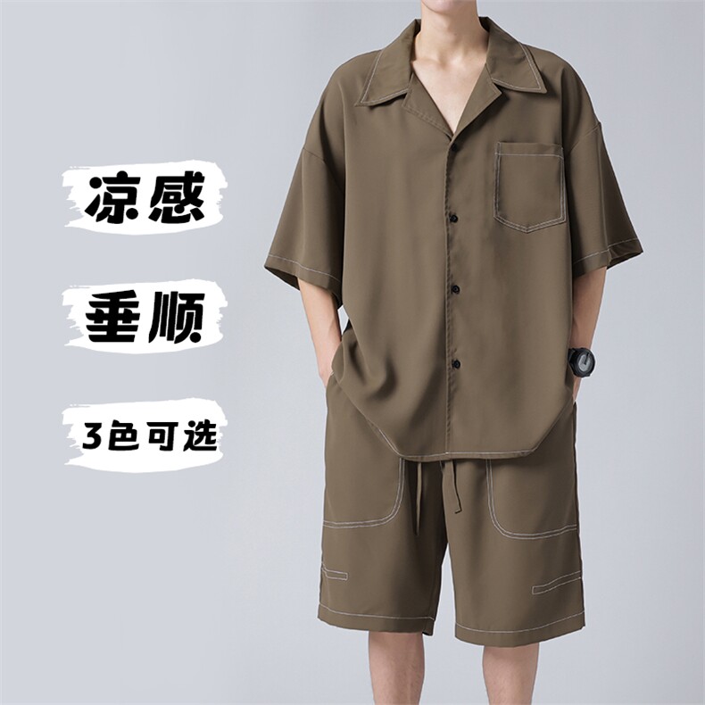 夏季大码滑料凉感冰丝短袖衬衫五分短裤男薄款两件套装TZ092-P65图片