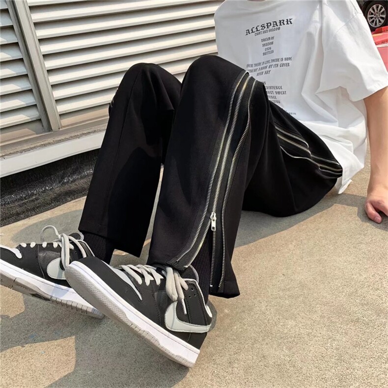 L夏季韩版ins黑色休闲裤男侧边拉链小众宽松直筒阔腿裤K2647-P43,男装休闲裤,星座512-2