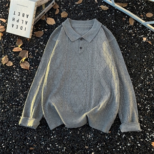 港风秋款男polo领开衫毛衣麦穗提花针织衫宽松外套MA02P50,灰色毛衣褂怎样搭配图片