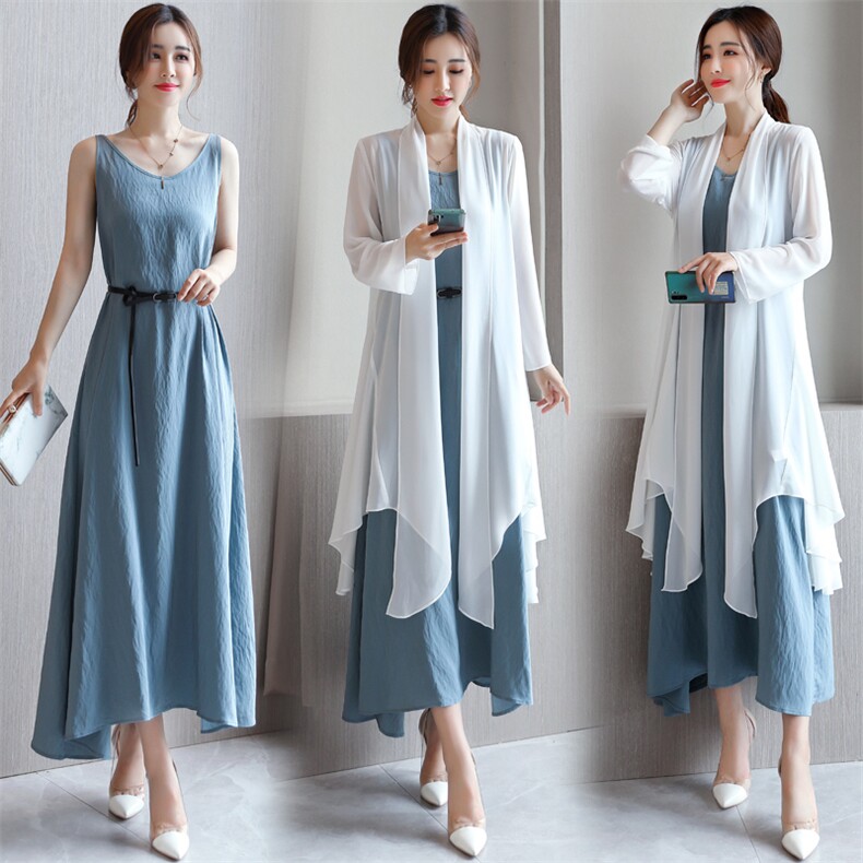时尚减龄通勤显瘦两件套装雪纺外背心连衣裙春夏汉服，女装套装/套裙，秀美人生