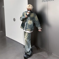 美式高街设计感牛仔夹克套装男宽松直筒复古外套TZ0105-P115，男装休闲套装，星座308B-1
