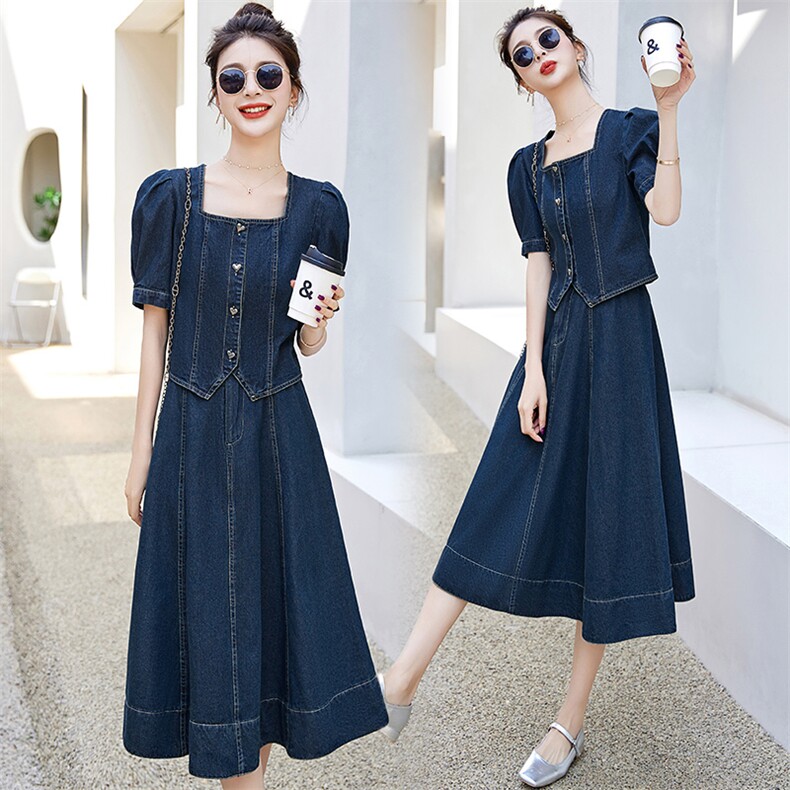 2024夏装新款时尚潮流牛仔套装水洗工艺优雅显瘦两件套，女装套装/套裙，罗腾