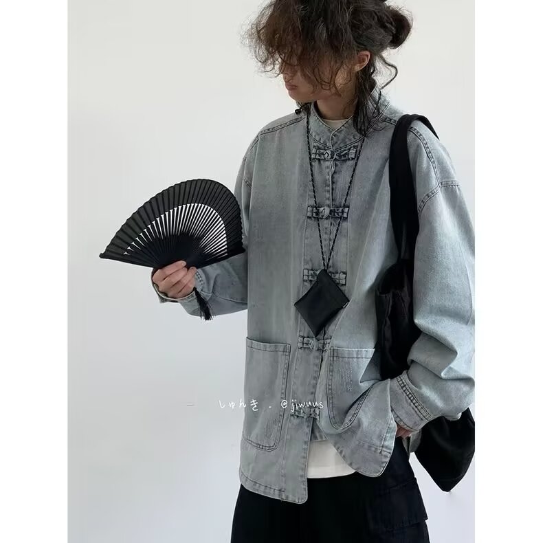 新中式复古盘扣牛仔衬衫男女款秋季宽松蓝色中性百搭立领休闲外套,男装衬衫,星座218-1（原230）