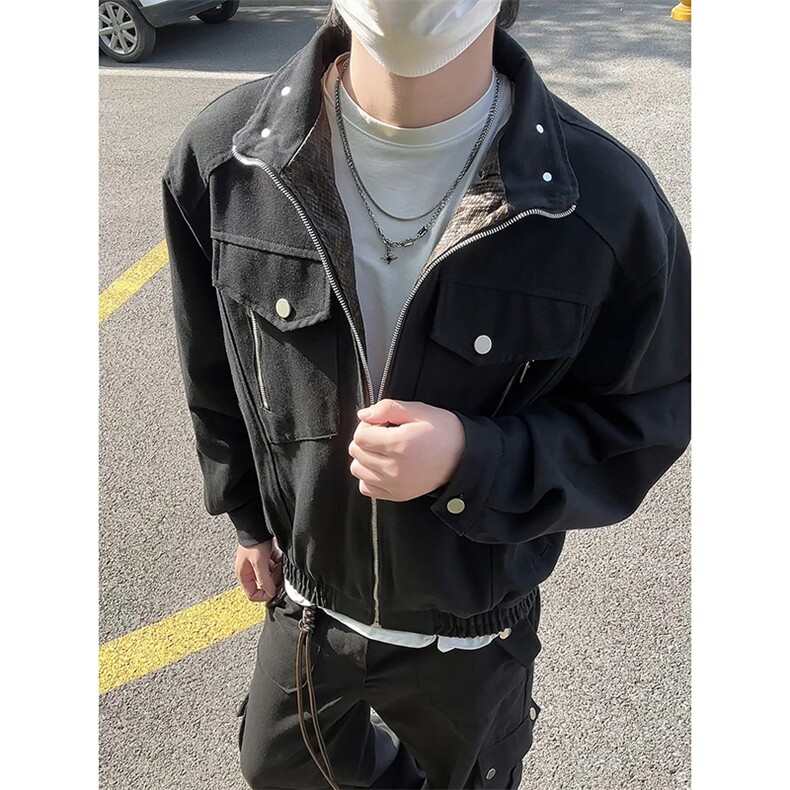 模特-春秋高级感立领美式复古工装男皮衣夹克9018-P88，男装夹克，电商B380（原B361）