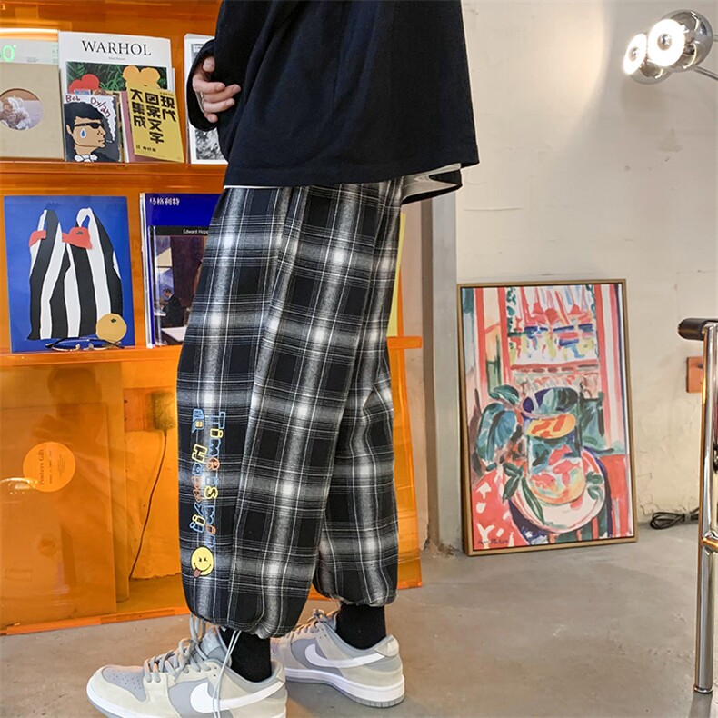 港风2024秋冬撞色格子宽松抽绳束脚运动休闲潮牌裤子2116-P45控69，男装休闲裤，星座914-3