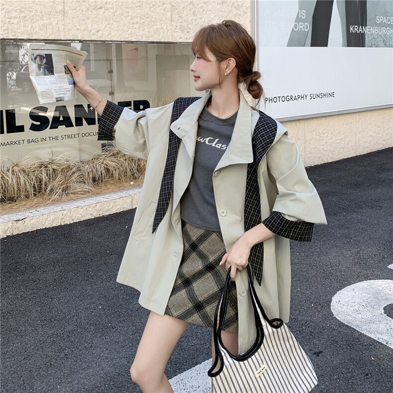 设计感小众格纹拼接风衣外套女春秋新款法式漂亮休闲小个子大衣潮，女装风衣，悠米