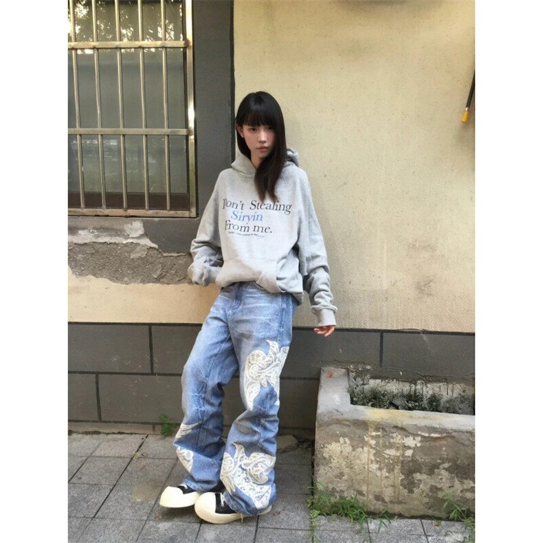 【有货】N6014LL-特P65 蕾丝和平鸽贴布刺绣牛仔裤男女款裤子图片
