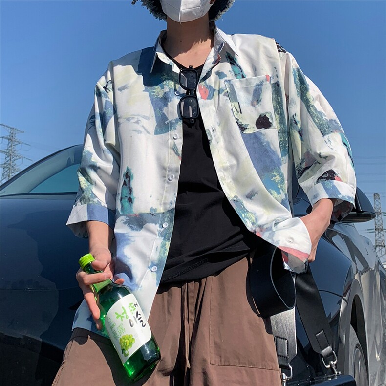 2026夏休闲水墨画冰丝凉感短袖五分袖半袖衬衫CS29/特P30浅蓝3,男装衬衫,电商A094
