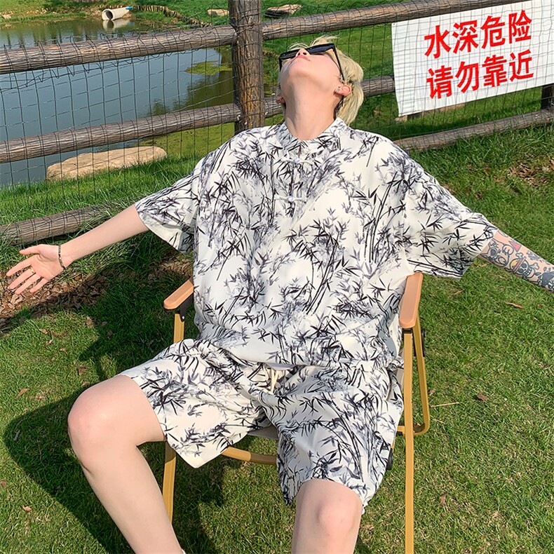 量大优供视频新风竹叶印花冰丝短袖短裤套装男TZ2403-特P50,男装休闲套装,电商A028
