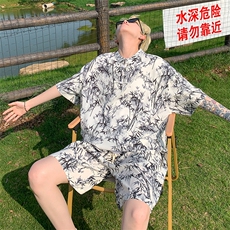 量大优供视频新风竹叶印花冰丝短袖短裤套装男TZ2403-特P50，男装休闲套装，电商A028