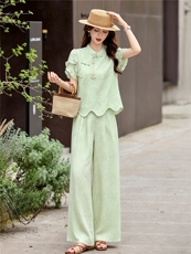 现货新中式风套装女2026夏季新款提花波浪边上衣阔腿裙裤两件套，女装套装/套裙，艾仟回(原伊仟回)