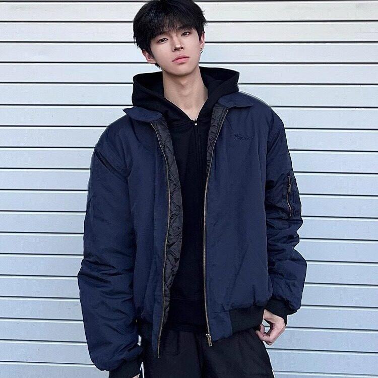 藏蓝色ma1飞行员夹克男短款廓形棉服外套春秋款bomber美式棒球服图片