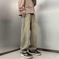 春款刺绣水洗做旧牛仔裤男宽松直筒美式高街长裤子复古N08139-P45，男装牛仔裤，星座308B-1