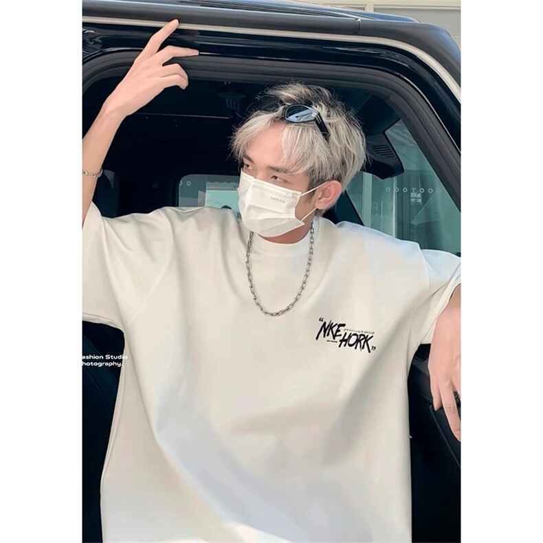抖音得物供货210克现货宽松纯棉美式潮牌印花落肩袖纯棉T恤AT2185图片
