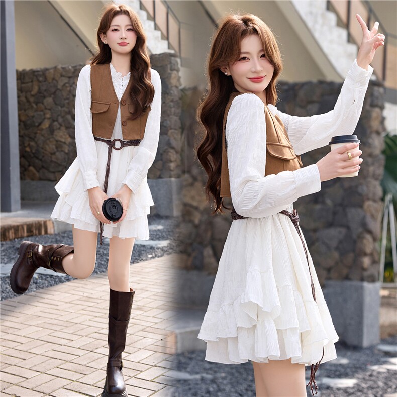 时尚潮流2026年春季时尚休闲马甲+连衣裙两件套，女装套装/套裙，江南富贵女