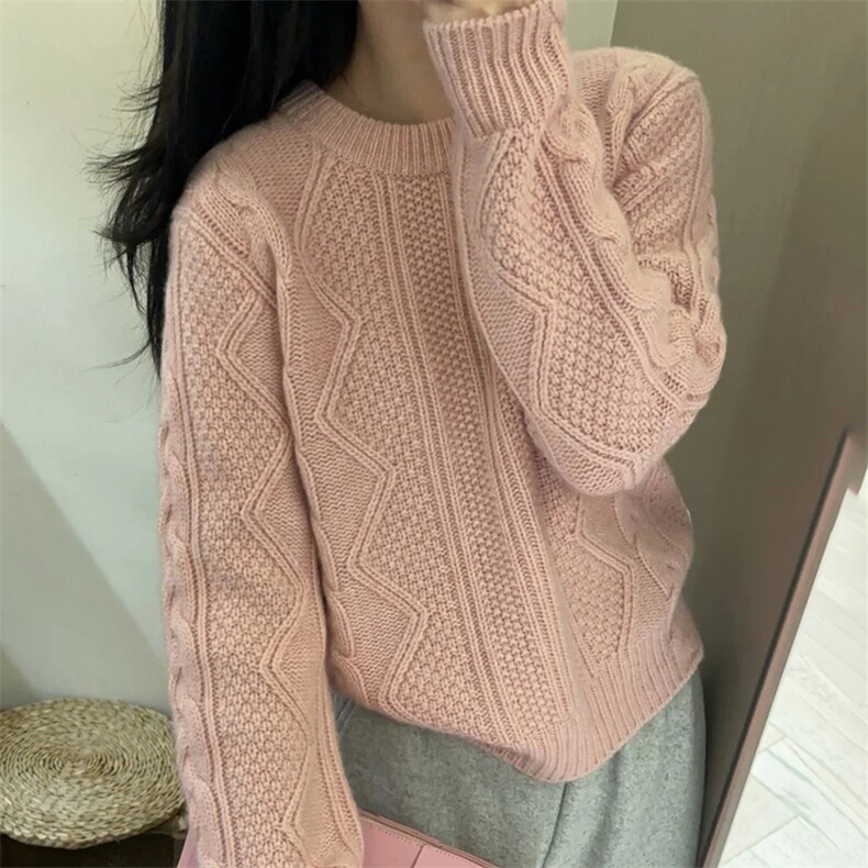 2025年秋季新款百搭女士圆领粉色花形加厚保暖毛衣,女装羊毛衫,新胜羊绒