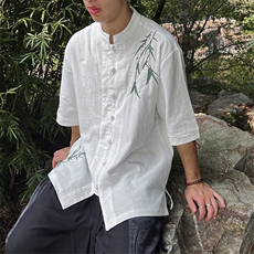 现货新中式男士大码立领盘扣棉麻衬衫MT2308-P65，男装衬衫，电商A021