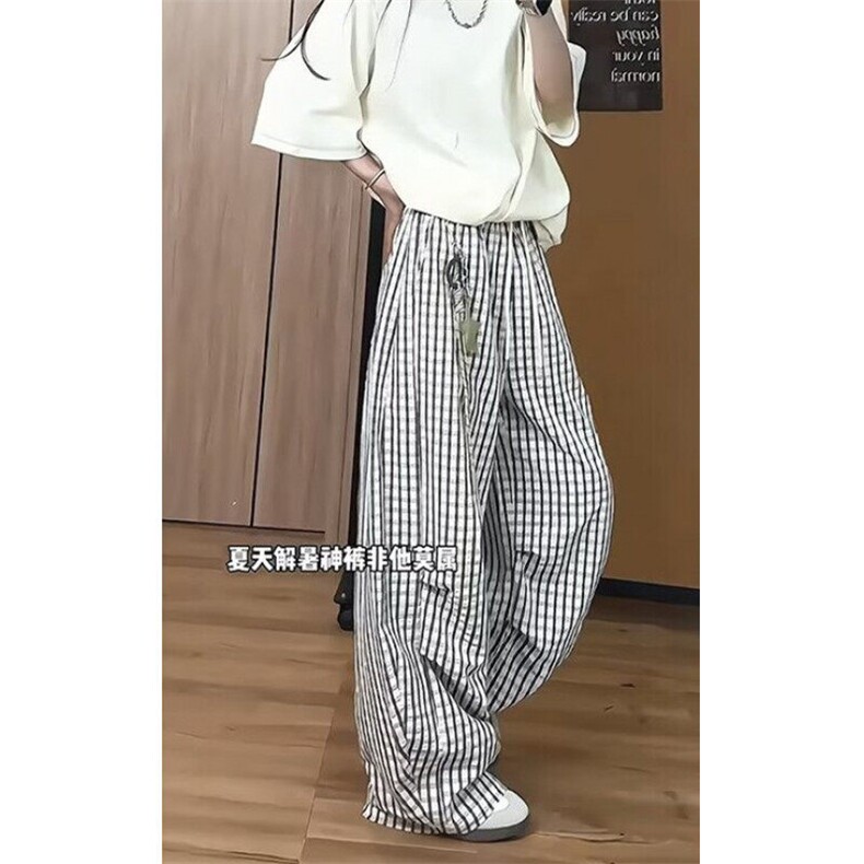 星星挂饰裤子夏季蓝色格子直筒裤女垂感慵懒休闲阔腿裤KX1571,男装休闲裤,星座1116A（原606A-3）
