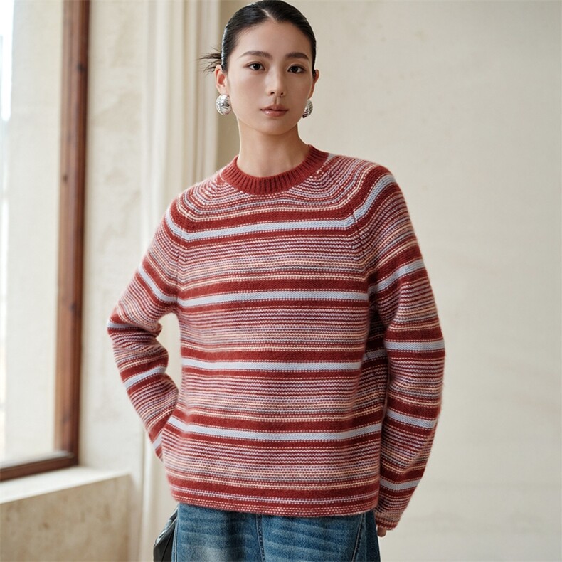 2025秋冬新款圆领套头纯羊绒衫女士彩条加厚重工毛衣休闲减龄百搭，女装羊绒衫，绒歆坊