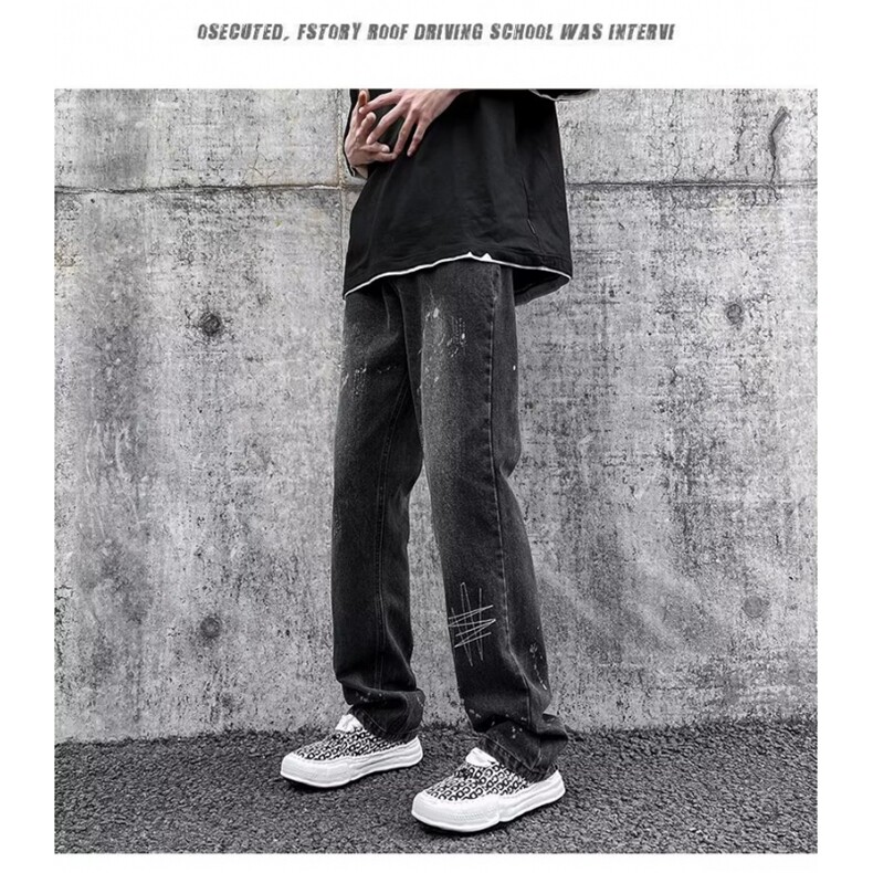 美式复古高街设计感刺绣泼墨宽松牛仔裤男夏季直筒长裤N112-P43,男装牛仔裤,星座308B-1